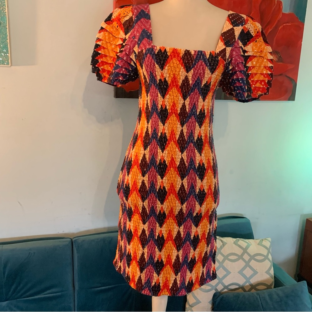 Farm Rio Small Dress Lindeza Grafica Mini Dress Puff Sleeve Smocked Colorful M